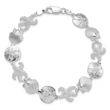 Rhodium Over Sterling Silver Polished Starfish, Shell, Sand Dollar Bracelet