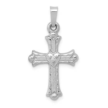 Rhodium Over 14k White Gold Textured Diamond Accented Fleur De Lis Cross Pendant