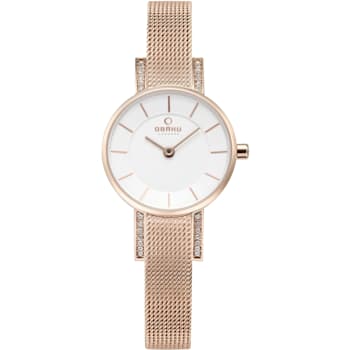Obaku Women's Lykke White Dial Rose Stainless Steel Mesh Band Watch