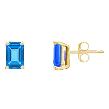 6x4mm Emerald Cut Blue Topaz 14k Yellow Gold Stud Earrings