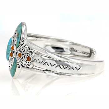Turquoise And Coral Oxidized Cuff Bracelet In Sterling Silver 16x8mm