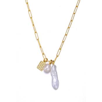 Cultured Pearl And Charm Paperclip Link Chain Necklace in 14k Gold Over Silver
