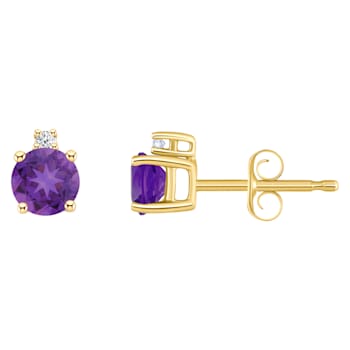 4mm Round Amethyst with Diamond Accents 14k Yellow Gold Stud Earrings