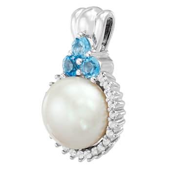 10mm Round White Freshwater Pearl with Blue and White Topaz Sterling
Silver Halo Pendant with Chain