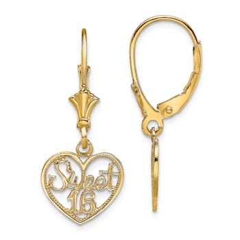 14k Yellow Gold Polished Sweet 16 Heart Dangle Earrings