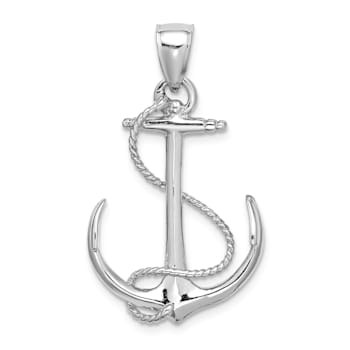Rhodium Over 14K White Gold Polished and Textured 3D Anchor with Rope Charm