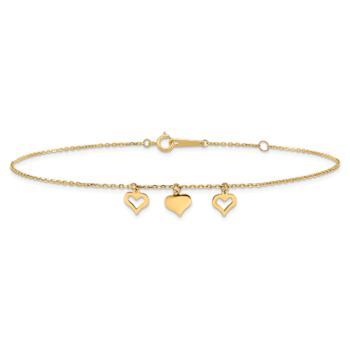 10k Yellow Gold 3 Hearts Charm Cable Link Anklet