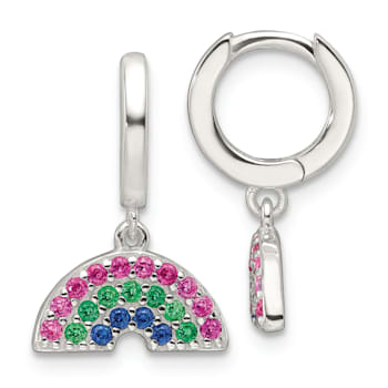 Sterling Silver E-Coating Multicolor CZ Dangle Rainbow Hoop Earrings