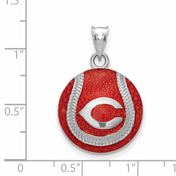 Rhodium Over Sterling Silver MLB LogoArt Cincinnati Reds Enameled Pendant