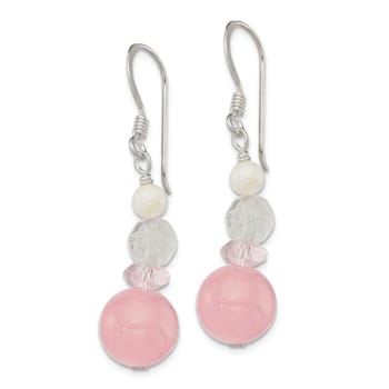 Sterling Silver Polished Pink Crystal, Jadeite and Mother of Pearl
Dangle Earrings