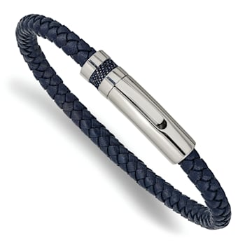 Blue Leather and Stainless Steel Polished 8.25-inch Bracelet