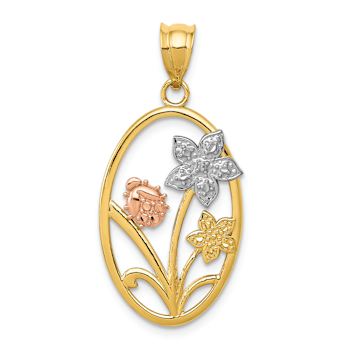 14k Tri-color Gold Diamond-Cut Oval Floral Pendant
