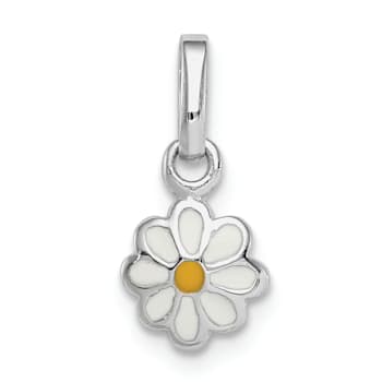 Rhodium Over Sterling Silver White and Yellow Enamel Daisy Children's Pendant