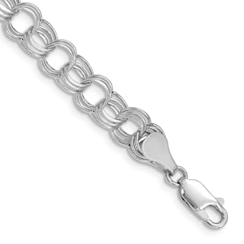 Rhodium Over 14k White Gold Lite 7mm Diamond-Cut Triple Link Charm Bracelet