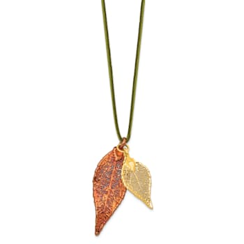 Iridescent Copper and 24k Yellow Gold Dipped Double Evergreen Leaf Necklace