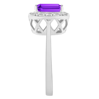 8x6mm Emerald Cut Amethyst And White Topaz Accents Rhodium Over Sterling
Silver Halo Ring