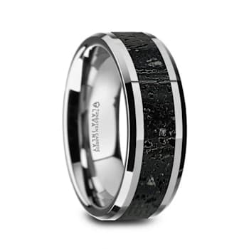 KILAUEA Men’s Polished Tungsten Wedding Band with Lava Rock Stone Inlay
w/Polished Beveled Edges 8mm