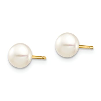 14K Yellow Gold 5-6mm White Button Freshwater Cultured Pearl Stud Post Earrings