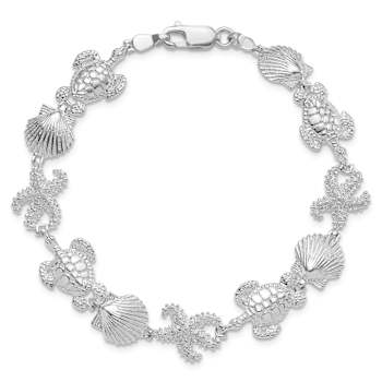 Rhodium Over Sterling Silver Polished Turtle, Shell, Starfish Bracelet