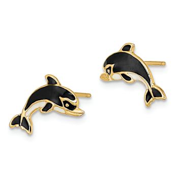 14k Yellow Gold White and Black Enamel Dolphin Stud Earrings