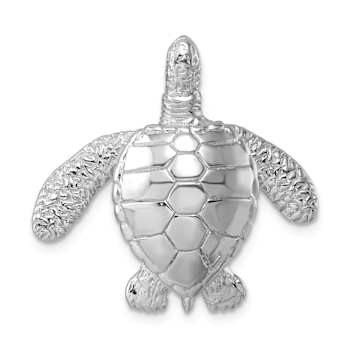 Rhodium Over Sterling Silver Polished and Textured Sea Turtle Slide Pendant