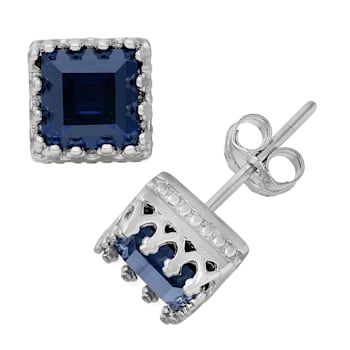 Princess Cut Lab Created Blue Sapphire Sterling Silver Stud Earrings 2.60ctw