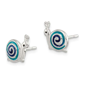Sterling Silver Polished Blue and Black Enameled Snail Post Earrings
