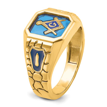 10K Yellow Gold Textured with Enamel and Lab Created Sapphire Blue Lodge
Masonic Ring