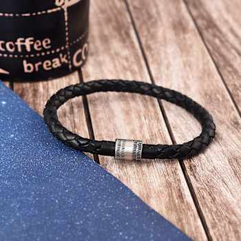 Mens Black Leather Braided Rope Bracelet with Stainless Steel Magnetic Closure