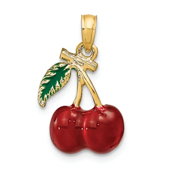 14k Yellow Gold Enamel 3D Cherries with Leaf Charm