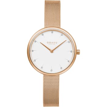 Obaku Women's Classic White Dial Rose Stainless Steel Mesh Band Watch