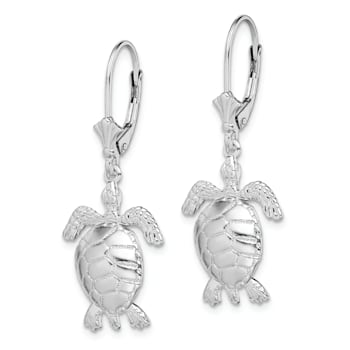 Rhodium Over Sterling Silver 3D Moveable Turtle Leverback Earrings