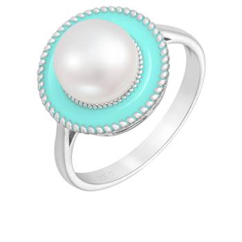 Cultured Freshwater Pearl and Blue Enamel Ring in Sterling Silver