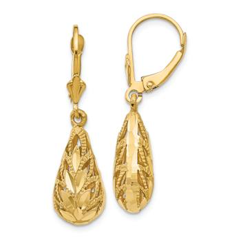 14k Yellow Gold Polished, Satin and Diamond-Cut Teardrop Dangle Earrings