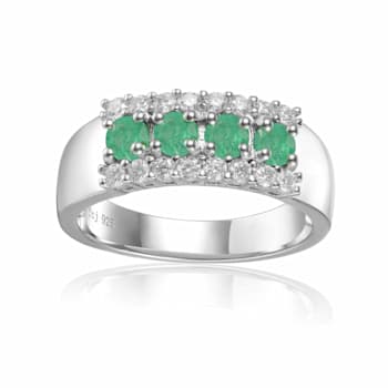 Oval Emerald and Round Moissanite Sterling Silver Wide Band Ring