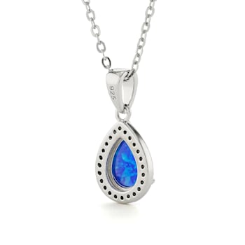 Teardrop Shape Lab Created Blue Opal with Cubic Zirconia Accents Necklace