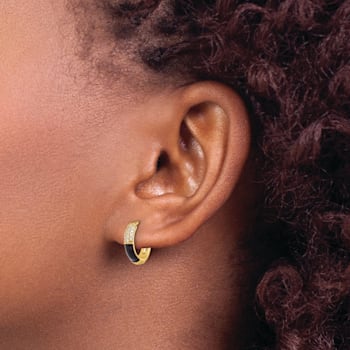 Sterling Silver Gold-tone Black Enamel CZ Hoop Earrings