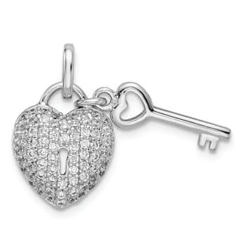 Rhodium Over Sterling Silver Cubic Zirconia Heart Lock and Key Pendant