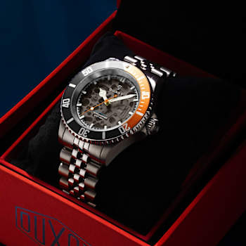 Duxot Atlantica Skeleton Diver Black Dial W/Orange Accent White
Stainless Steel Band Automatic Watch