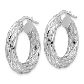 Rhodium Over 14k White Gold Polished 1" Woven Texture Round Hoop Earrings