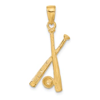 14k Yellow Gold Polished and Textured Open-Backed Bats and Baseball Pendant