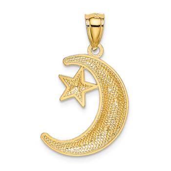14k Yellow Gold Polished and Textured Moon and Stars Pendant