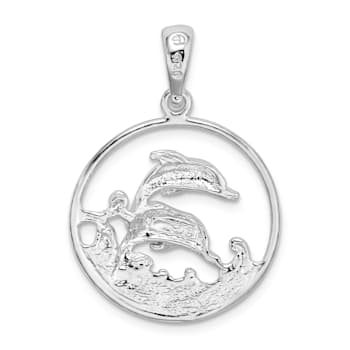 Rhodium Over Sterling Silver Polished Dolphins Swimming Oval Pendant