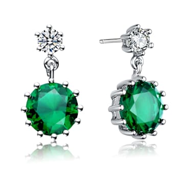 Emerald Color CZ Circle Drop Earrings In Sterling Silver
