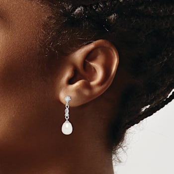 Rhodium Over Sterling Silver  7-8mm White Rice Freshwater Cultured Pearl
Cubic Zirconia Earrings