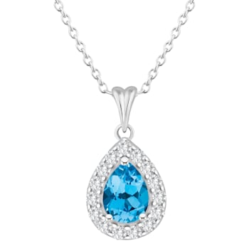 8x5mm Pear Shape Swiss Blue Topaz and White Topaz Rhodium Over Sterling
Silver Halo Pendant w/Chain
