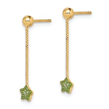 14k Yellow Gold Children's Green Enameled Star Chain Dangle Earrings