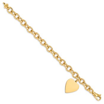 14k Yellow Gold Polished Link with Heart Charm Bracelet