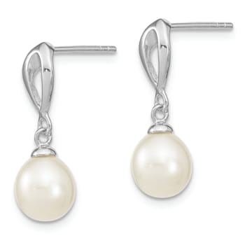 Rhodium Over Sterling Silver 7-8mm White Freshwater Cultured Pearl Post
Dangle Earrings