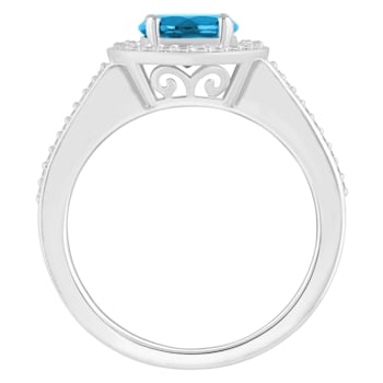 7mm Round Blue Topaz 1/5 ctw Diamond Rhodium Over Sterling Silver Halo Ring
